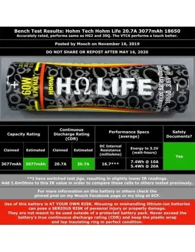 Bateria Hohm Life 18650 3015mAh, célula de lítio de alta capacidade para mod de vaping