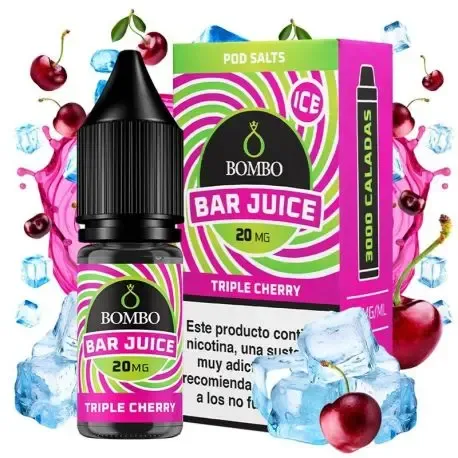 Sumo de Sais de Nicotina em Barra Triple Cherry Ice 10ml Bombo Nicotine Salts 10ml, triple cherry com touch ice 20mg